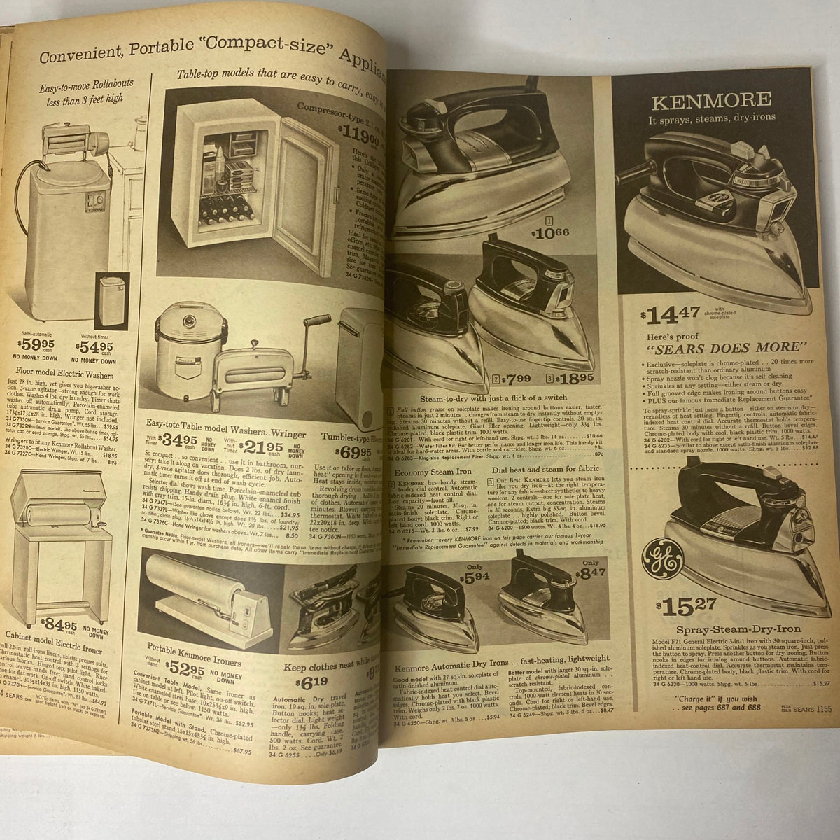 1961 Sears Fall and Winter Catalog showcasing various compact-size appliances including irons, washers, and electric models, reflecting mid-century design.
