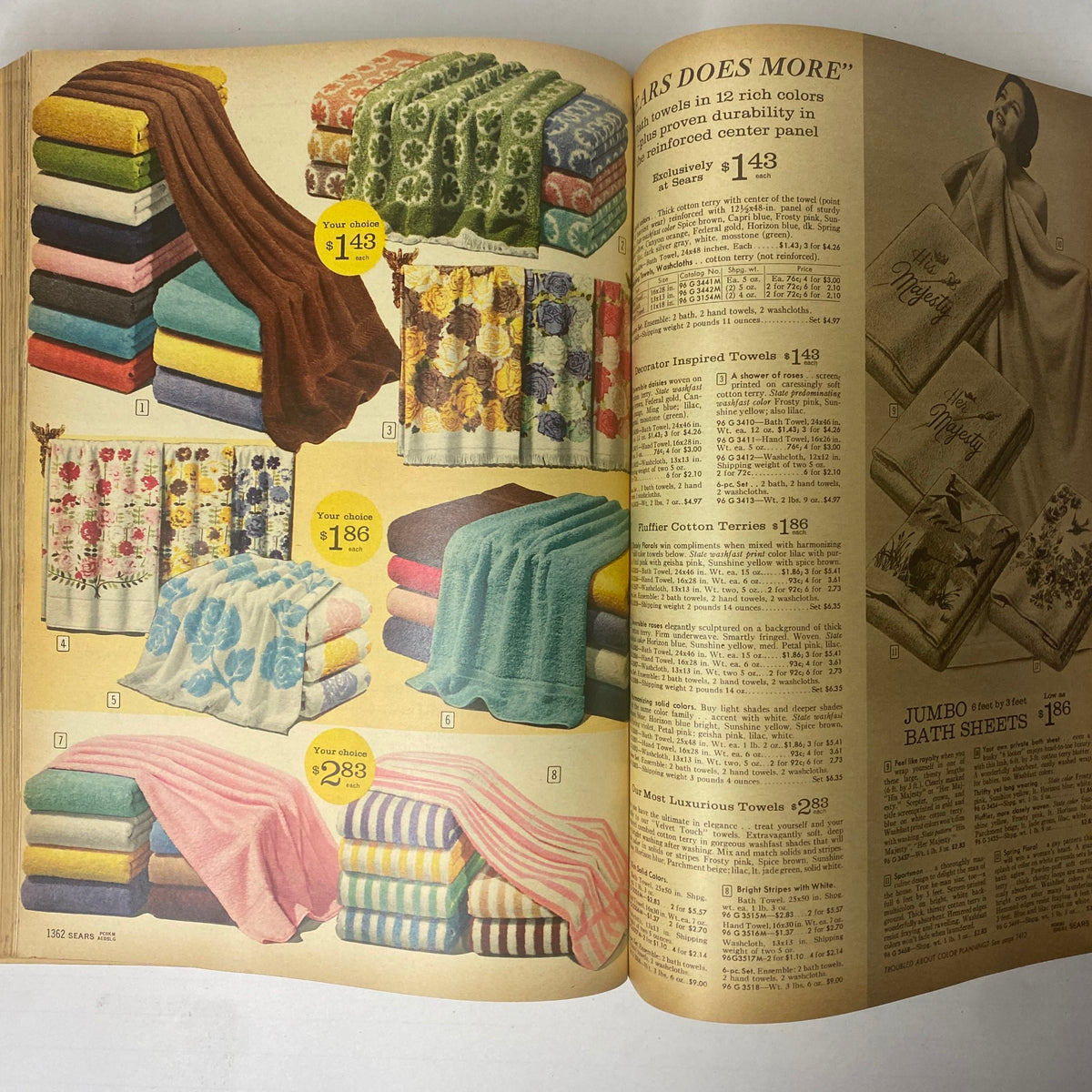 Stacked colorful towels and decorative bath sheets featured in the 1961 Sears Fall and Winter Catalog, representing vintage home textiles styles.