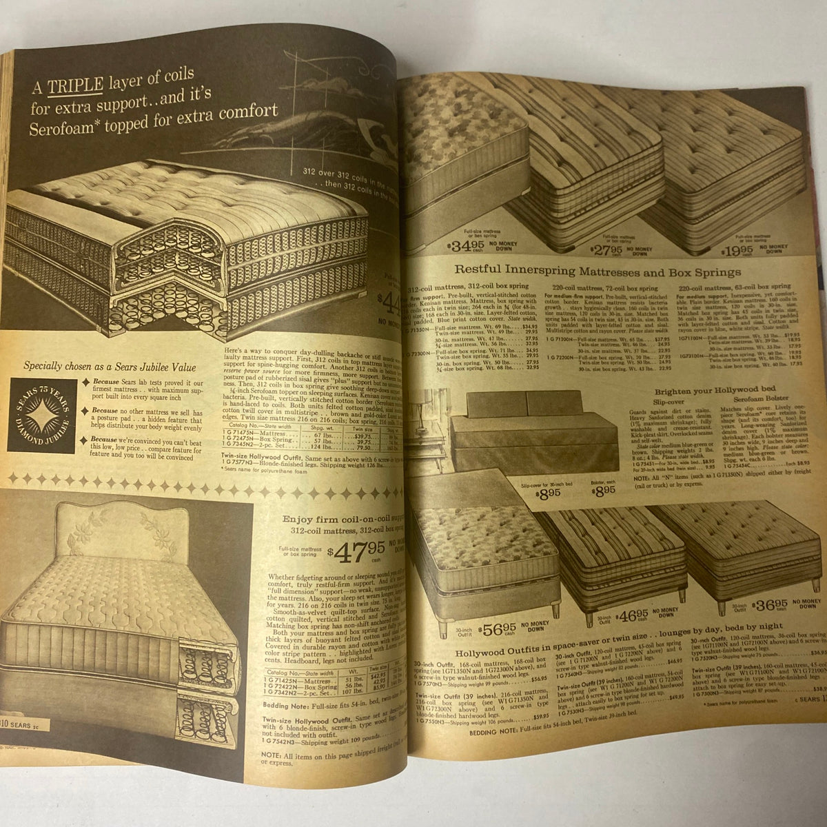 Mattresses and box springs displayed in the 1961 Sears Fall and Winter Catalog, highlighting mid-century comfort and design innovation.