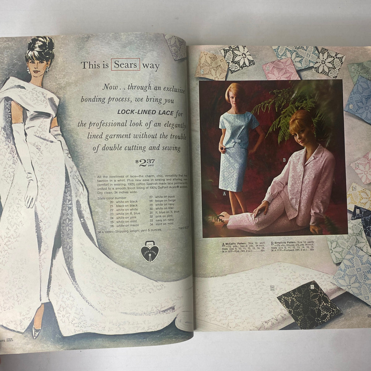 Interior page from the 1965 Sears Spring and Summer Catalog featuring Lock-Lined Lace patterns and illustrations of stylish women’s clothing options.