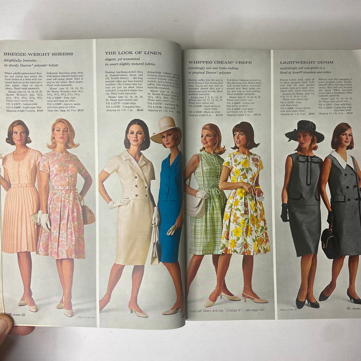 A double-page spread from the 1965 Sears Spring and Summer Catalog, displaying various elegant dress styles from the mid-1960s fashion era.