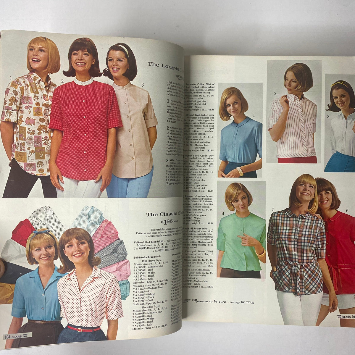 Catalog page from the 1965 Sears Spring and Summer Catalog featuring a variety of women’s blouses and shirts in colorful styles for spring and summer.