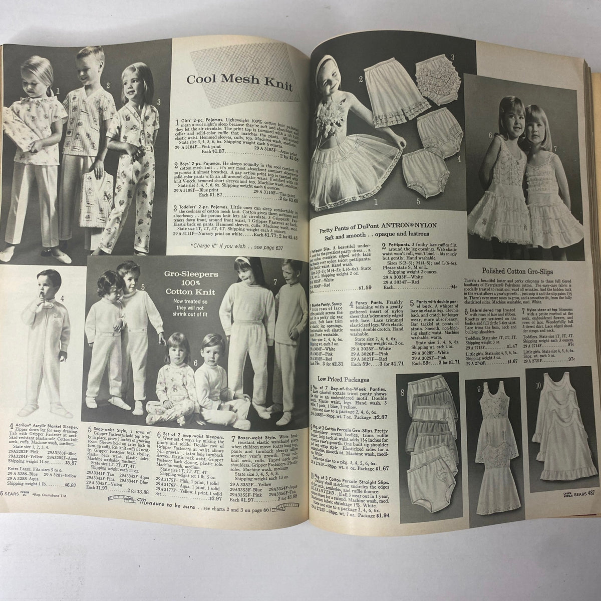 1965 Sears Spring and Summer Catalog featuring a selection of children's clothing including sleepwear, robes, and playful dresses, showcasing various styles and fabrics.