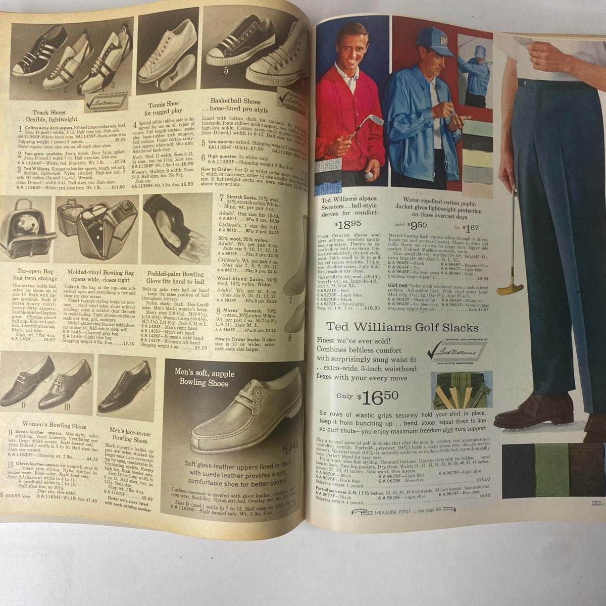 1965 Sears Spring and Summer Catalog featuring a variety of athletic and casual shoes for men, alongside golf and outdoor apparel that reflects 1960s style.