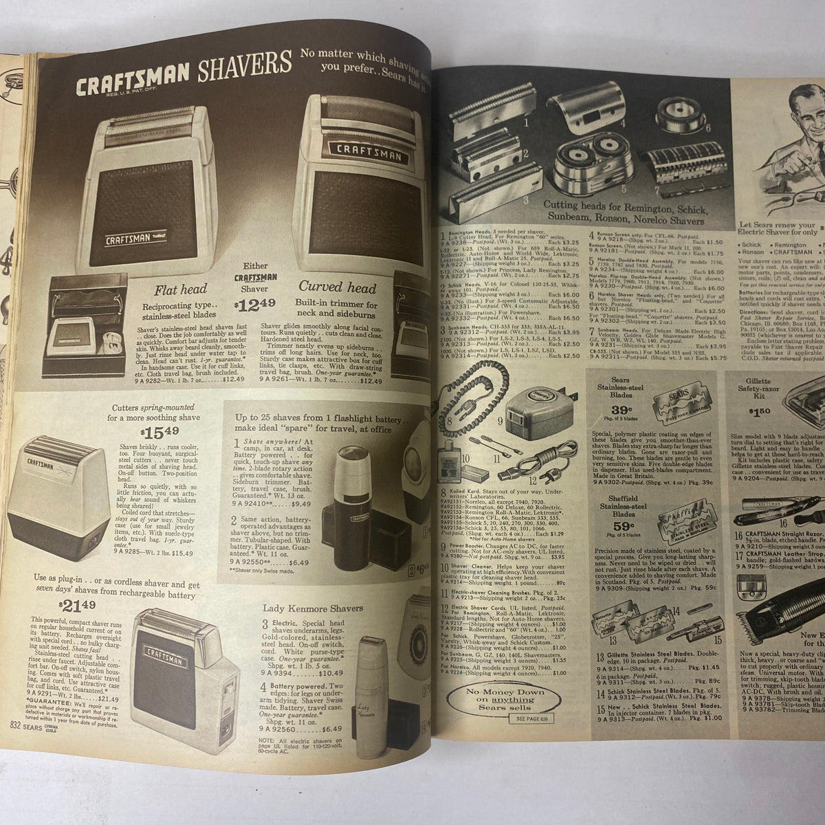 1965 Sears Spring and Summer Catalog showcasing an assortment of Craftsman shavers and grooming products, emphasizing quality and innovation in men’s grooming.