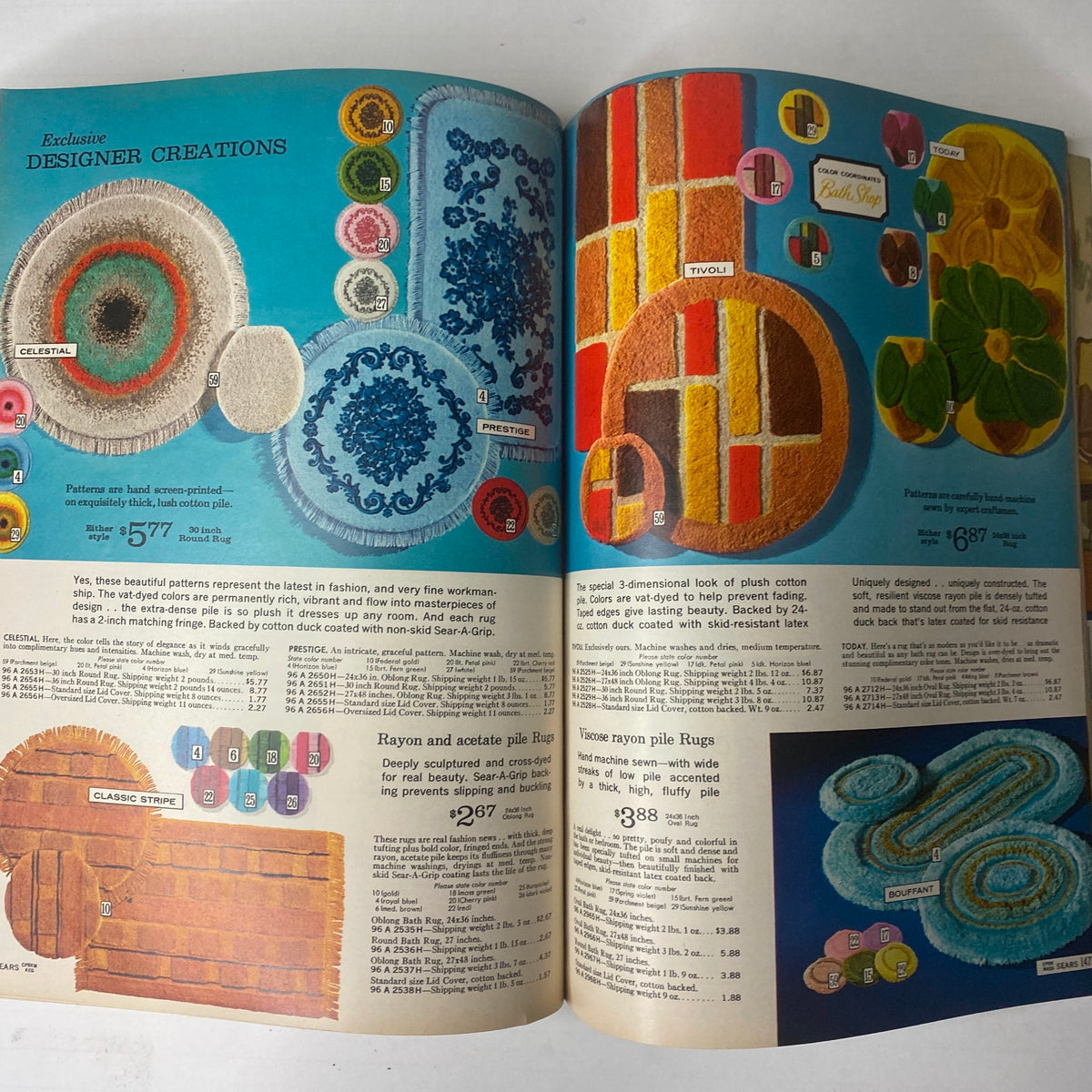 1965 Sears Spring and Summer Catalog illustrating decorative rugs in various styles and colors, emphasizing modern designs for home decor.