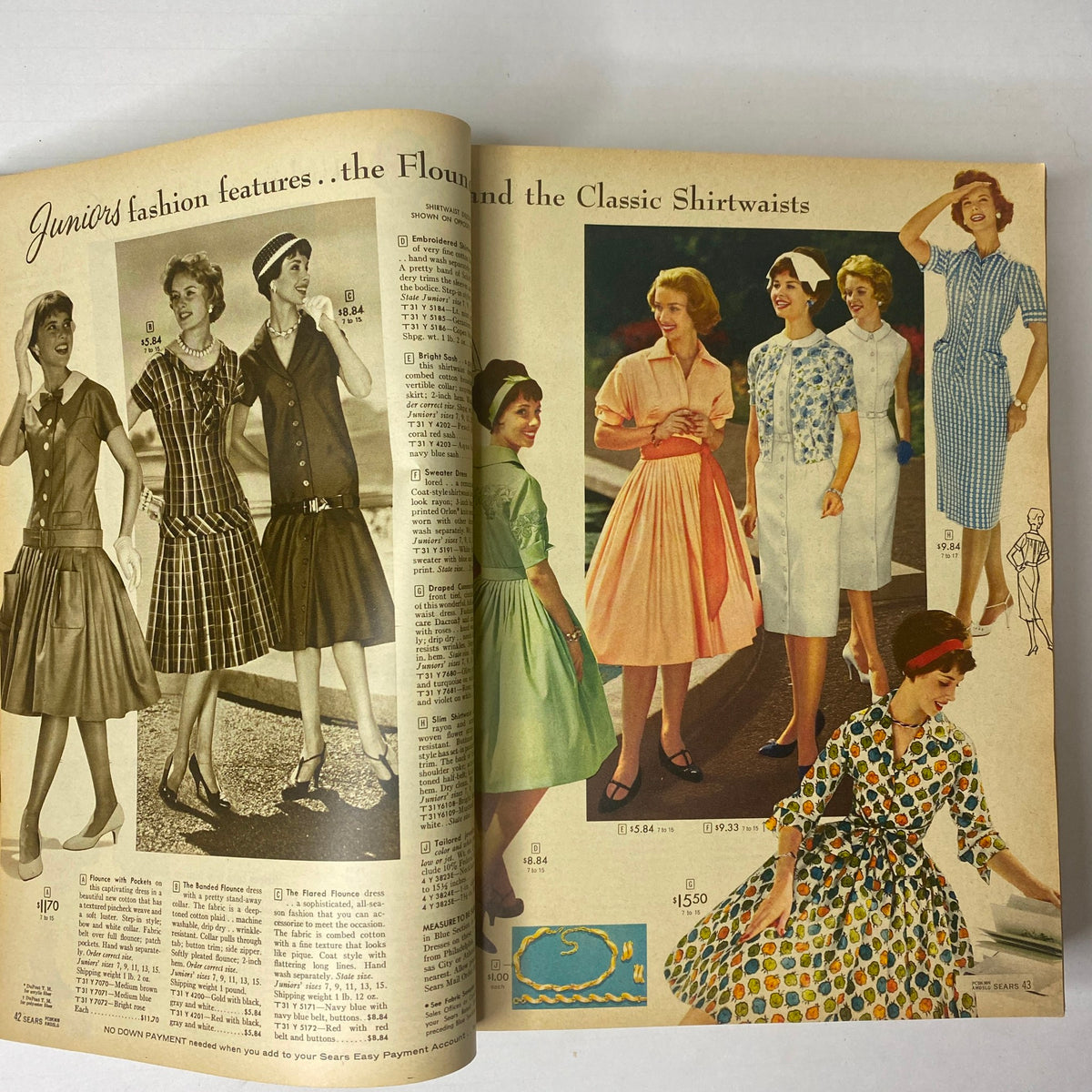 Junior fashion pages from the 1959 Sears Classic Spring and Summer Catalog featuring flirty and colorful shirtwaist dresses, emblematic of the era's style.