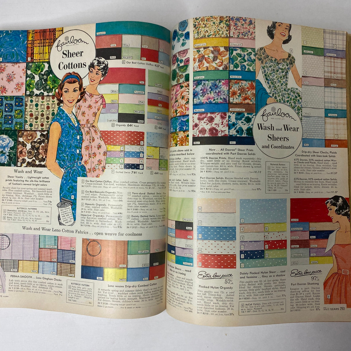Page from the 1959 Sears Classic Spring and Summer Catalog showcasing a vibrant array of sheer cotton fabrics, featuring colorful designs and patterns.