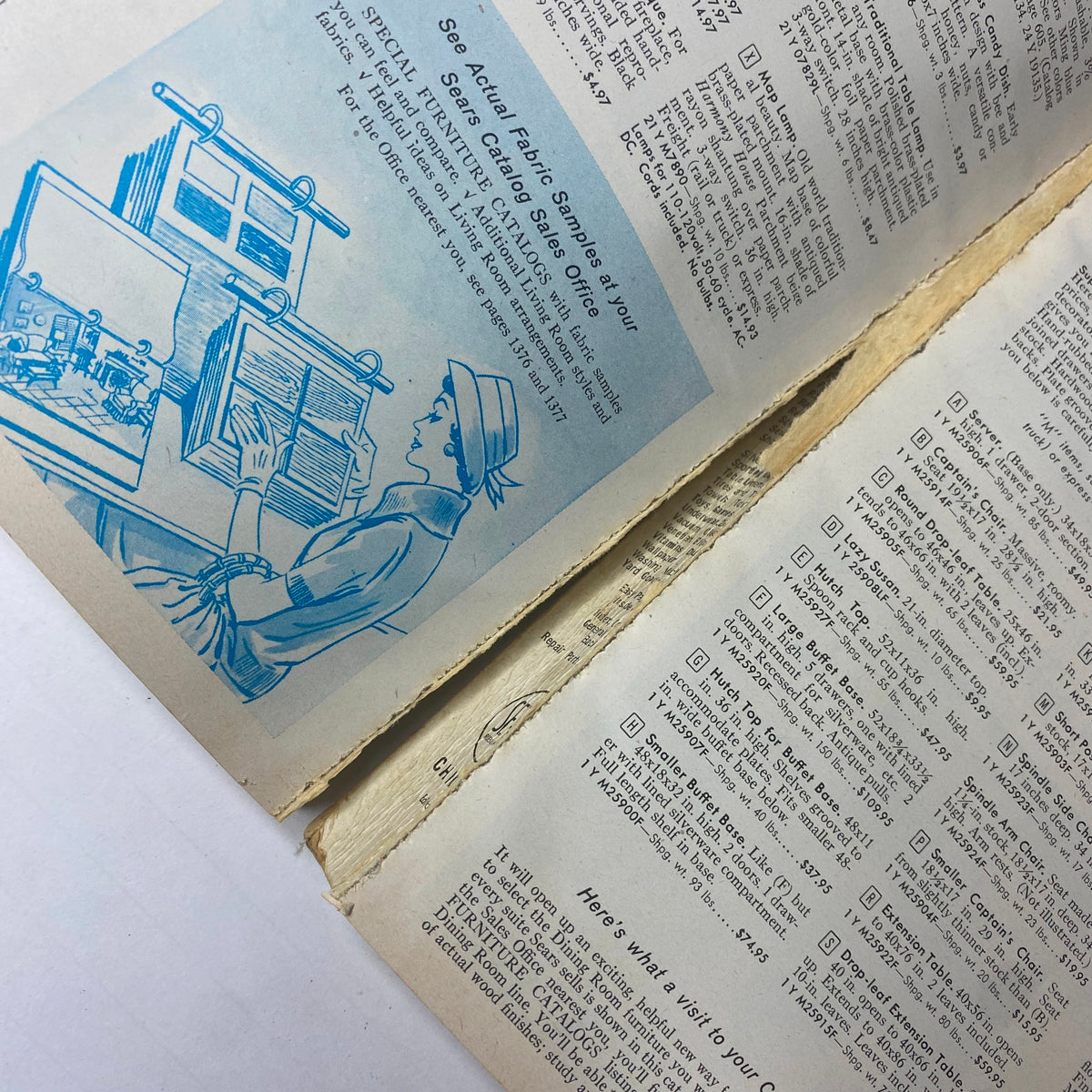 Illustration from the 1959 Sears Classic Spring and Summer Catalog featuring a figure reviewing fabric samples, representing the era's fabric selection process.
