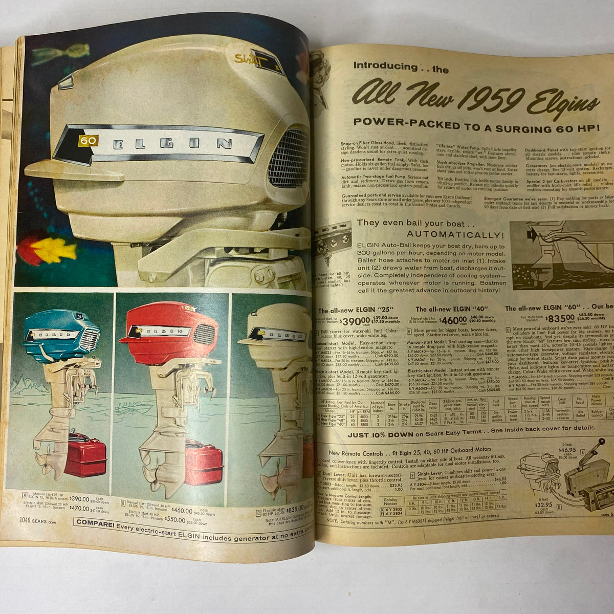 Advertisement for the all-new 1959 Elgin outboard motors featured in the 1959 Sears Classic Spring and Summer Catalog. Highlights different models and their features.