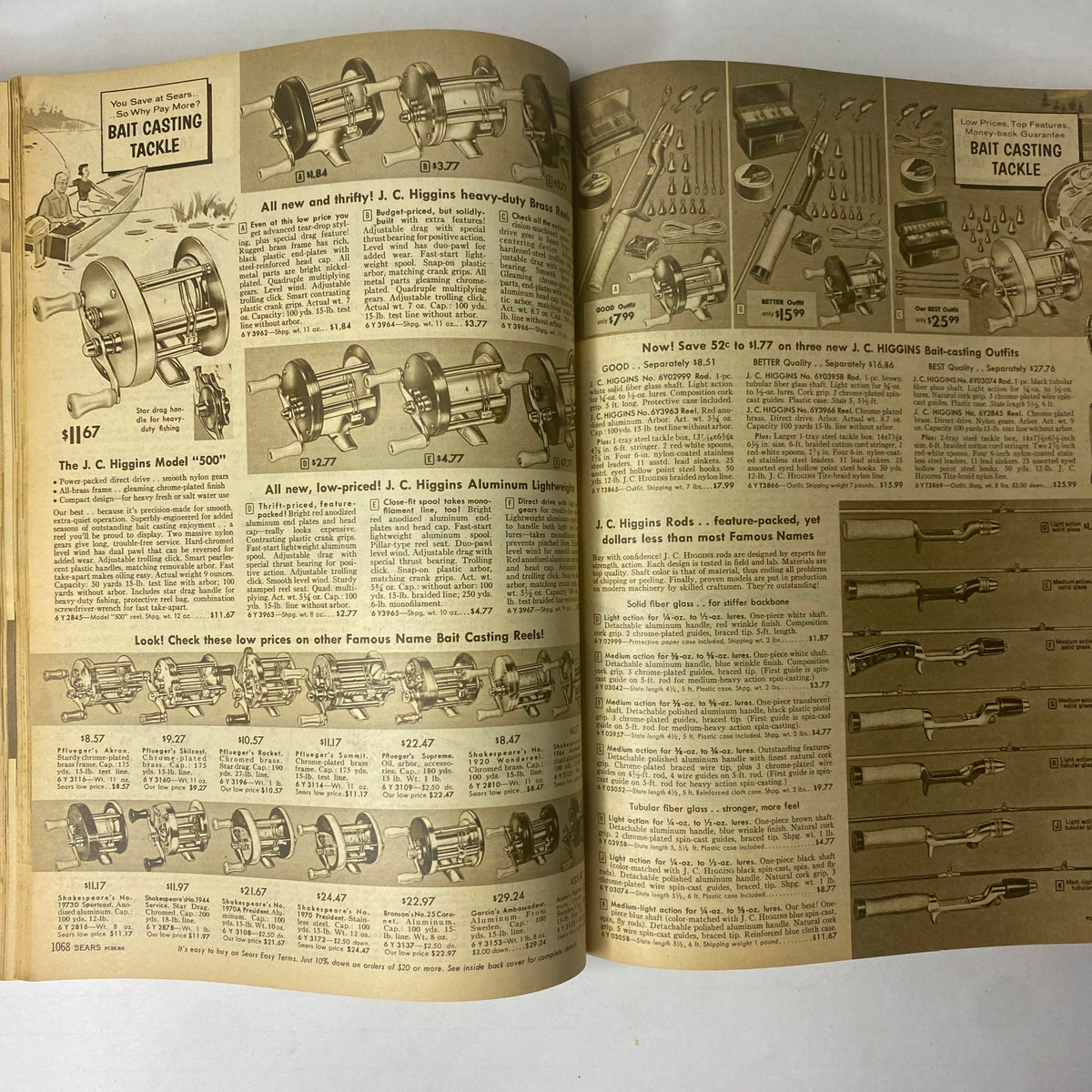 Bait casting tackle listings from the 1959 Sears Classic Spring and Summer Catalog. Includes various models of J.C. Higgins rods and reels with detailed descriptions and prices.