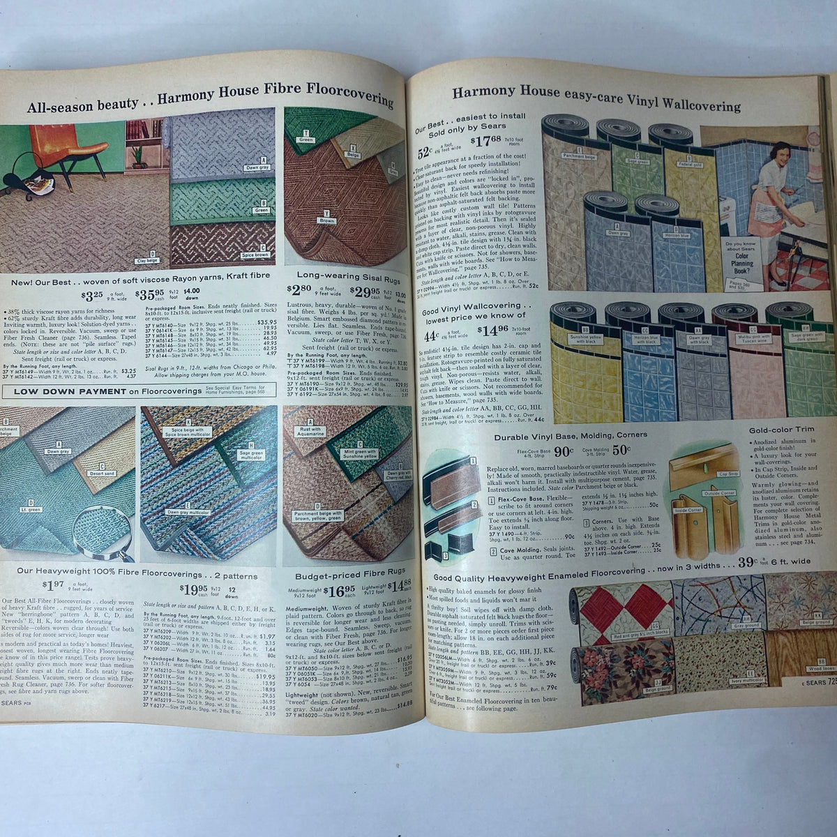 Flooring and wall covering options featured in the 1959 Sears Classic Spring and Summer Catalog. Displays Harmony House fibre floor coverings and vinyl wall coverings with pricing details.