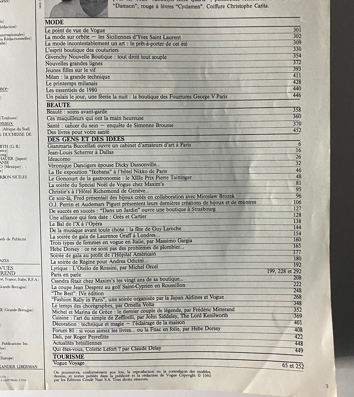 Table of contents from Vogue Paris Magazine February 1980, highlighting fashion and beauty articles including Yves Saint Laurent and Givenchy designs.