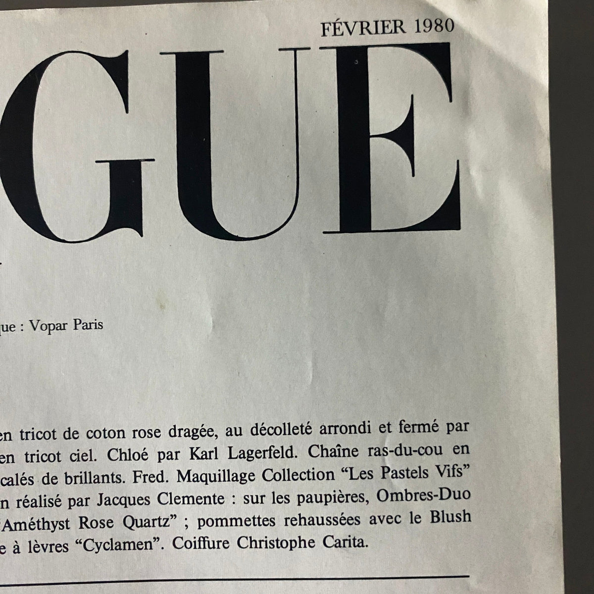 Feature page from Vogue Paris Magazine February 1980 detailing fashion trends and beauty tips, emphasizing the magazine's influence on 1980s style.