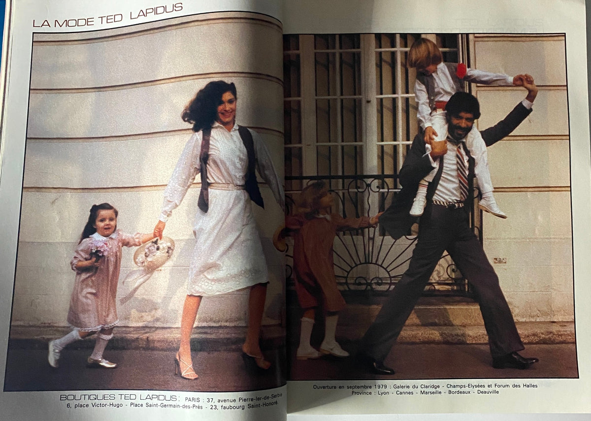 Photo from Vogue Paris April 1979 featuring a family styled by Ted Lapidus, showcasing fashionable clothing and family dynamics.