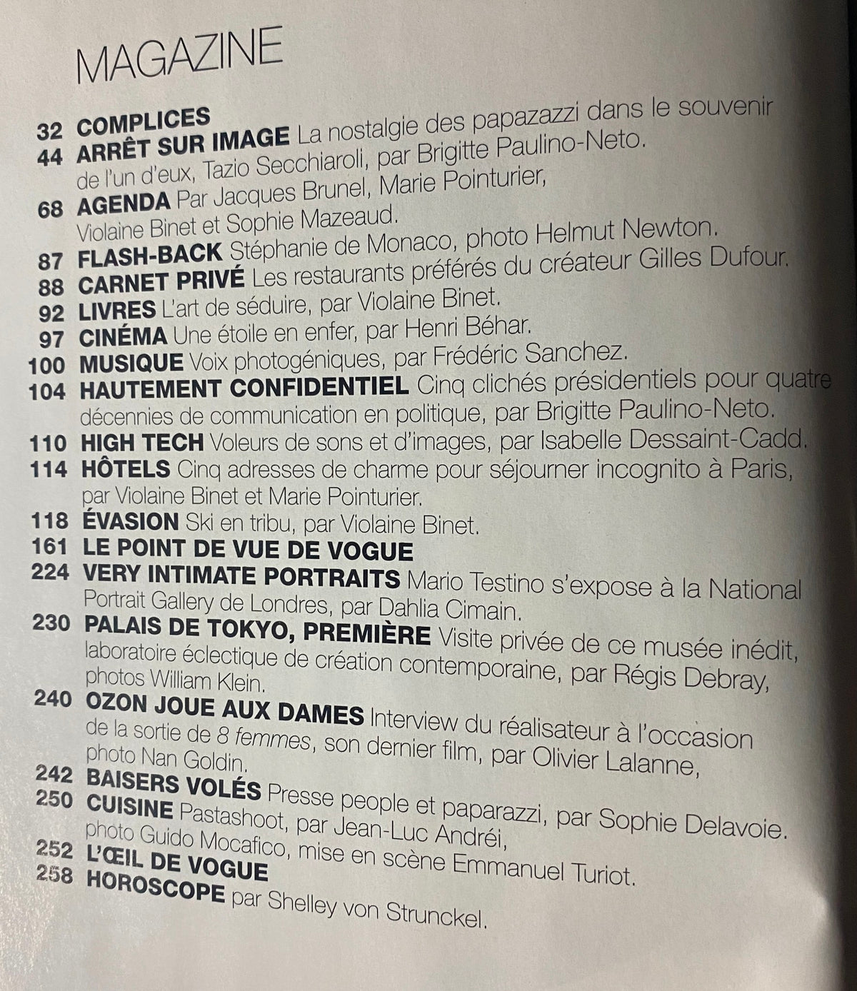 Table of contents from Vogue Paris Magazine February 2002, listing articles and features related to fashion and celebrity culture.