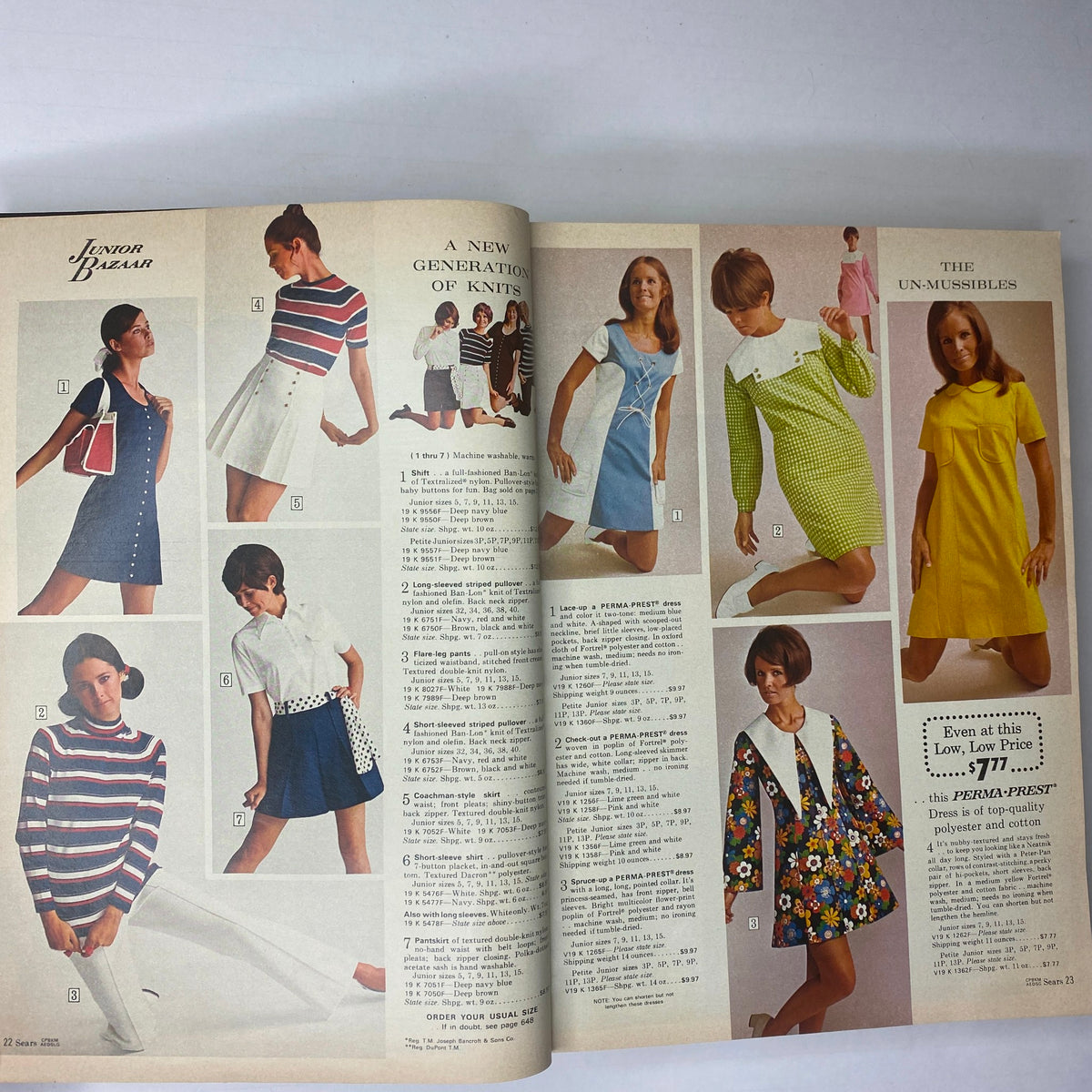 Interior page of the 1970 Sears Junior Bazaar Spring and Summer Catalog featuring vibrant youth fashion styles including dresses and knitwear from the early 1970s.