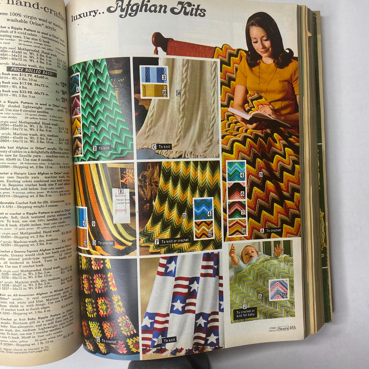 Interior layout of the 1970 Sears Junior Bazaar Spring and Summer Catalog focusing on afghan kits and home decor, showcasing leisure activities from the early 1970s.