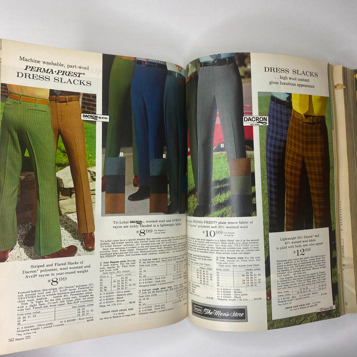 Men's fashion page from the 1970 Sears Junior Bazaar Spring and Summer Catalog presenting a selection of Perma-Prest dress slacks in a variety of colors and patterns.