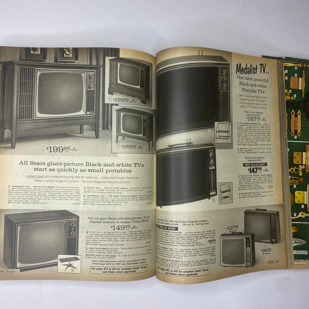 Page from the 1970 Sears Junior Bazaar Spring and Summer Catalog showcasing black-and-white televisions from Sears. Features different models with prices listed, reflecting the technology and style of the early 1970s.