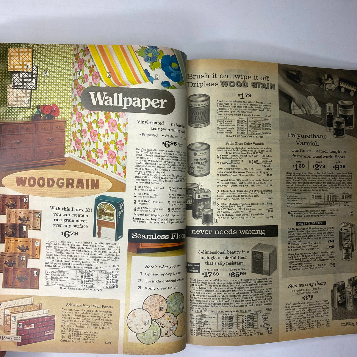 Page from the 1970 Sears Junior Bazaar Spring and Summer Catalog presenting a selection of wallpapers and wood stains. Illustrates vibrant patterns and colors suitable for home décor in the 1970s.