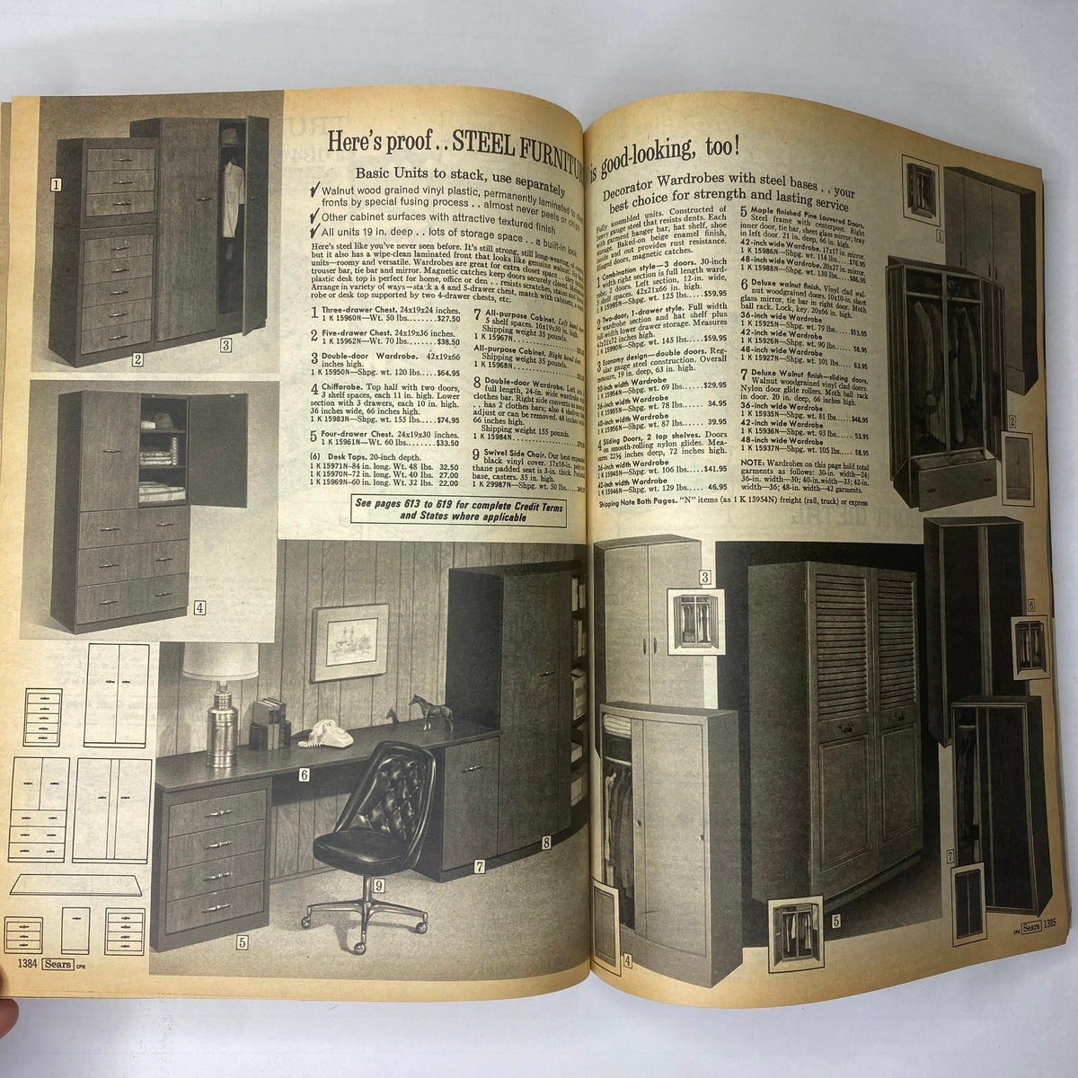 Page from the 1970 Sears Junior Bazaar Spring and Summer Catalog showcasing steel furniture options. Lists different units and accessories for home organization with emphasis on functionality and design.