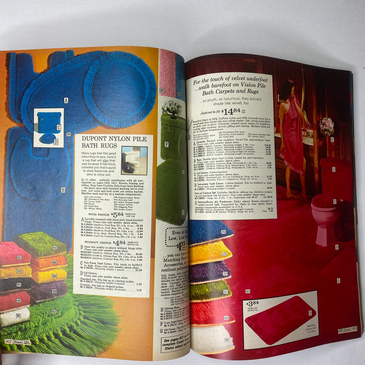 1970 Sears Junior Bazaar Spring and Summer Catalog featuring colorful Dupont Nylon Pile bath rugs and carpet options, showcasing vibrant designs for home decor.