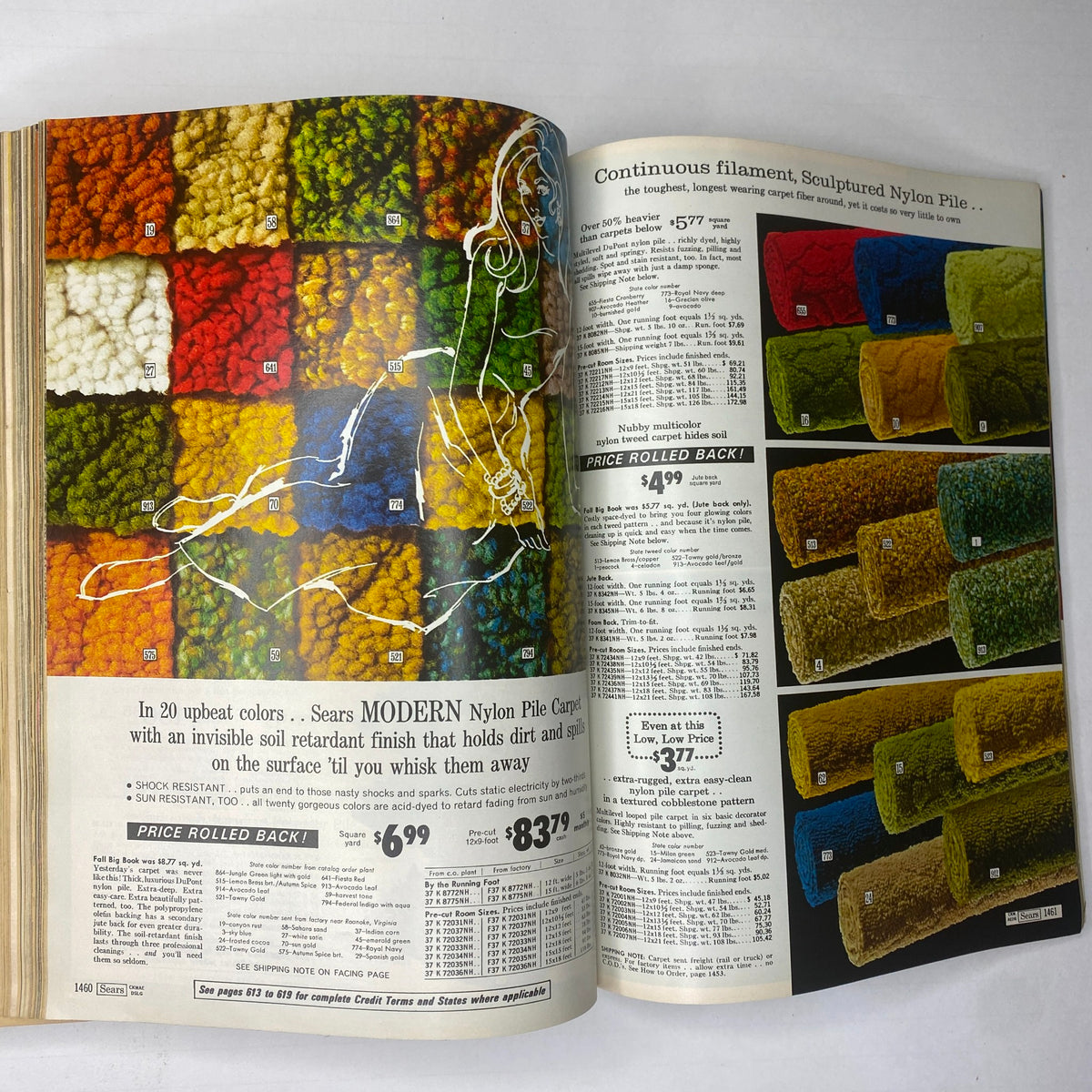 1970 Sears Junior Bazaar Spring and Summer Catalog displaying an array of modern nylon pile carpets in various colors, highlighting stylish flooring choices for the era.