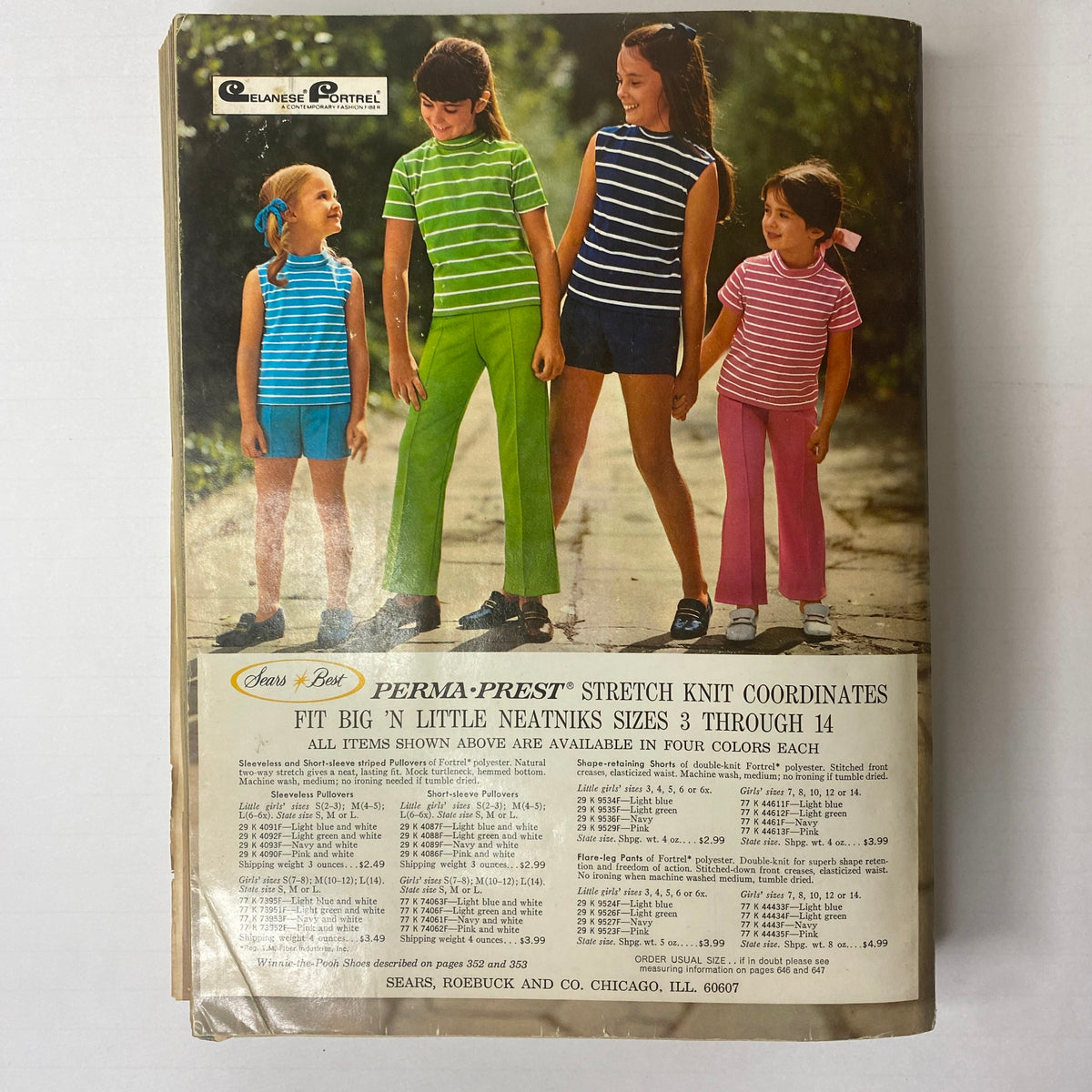 1970 Sears Junior Bazaar Spring and Summer Catalog featuring children in Perma-Prest stretch knit coordinates in bright colors, representing 1970s youth fashion trends.