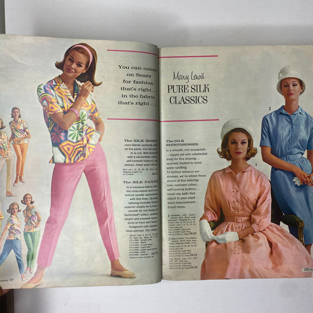 1963 Sears Classic Spring and Summer Catalog featuring Mary Lewis Pure Silk Classics collection with models showcasing colorful silk outfits for the season.