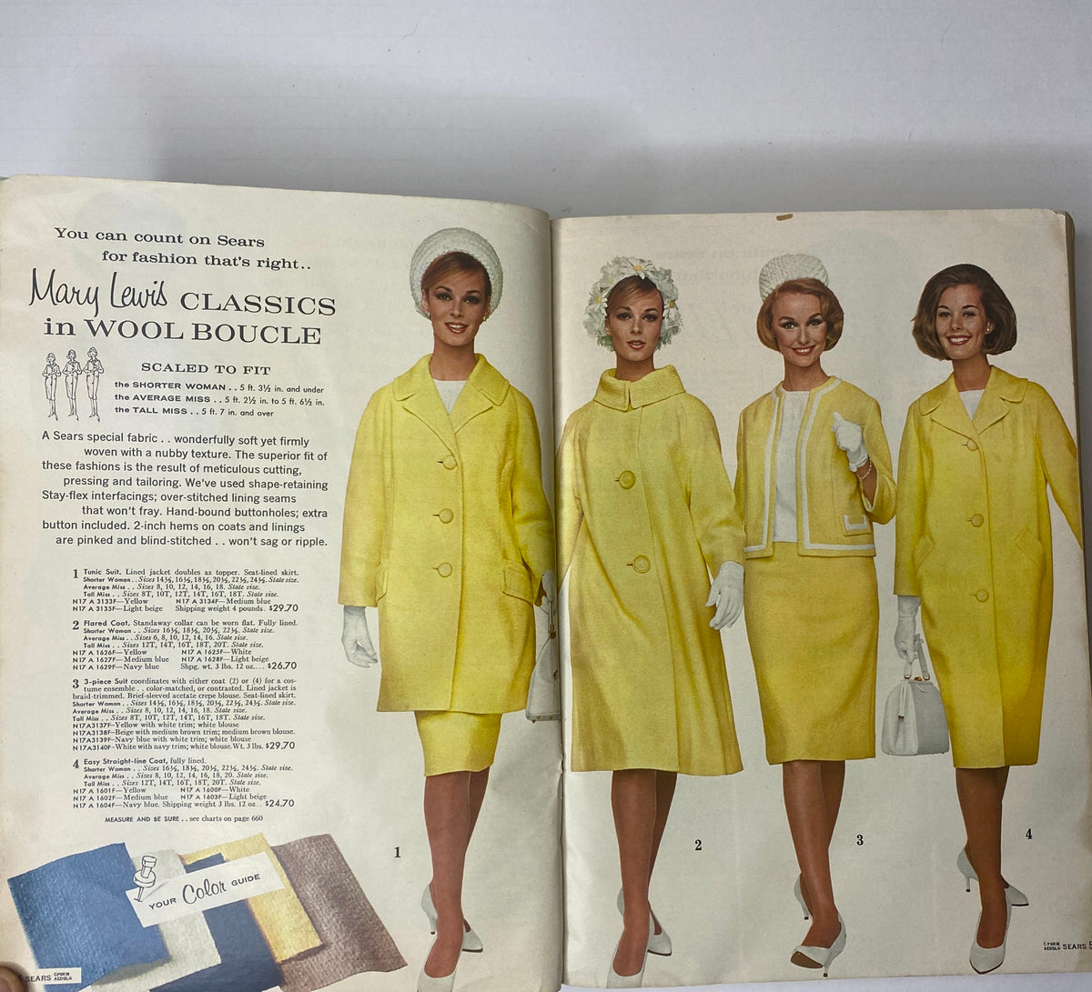 1963 Sears Classic Spring and Summer Catalog displaying Mary Lewis Classics in Wool Boucle with elegantly dressed models in yellow outfits.