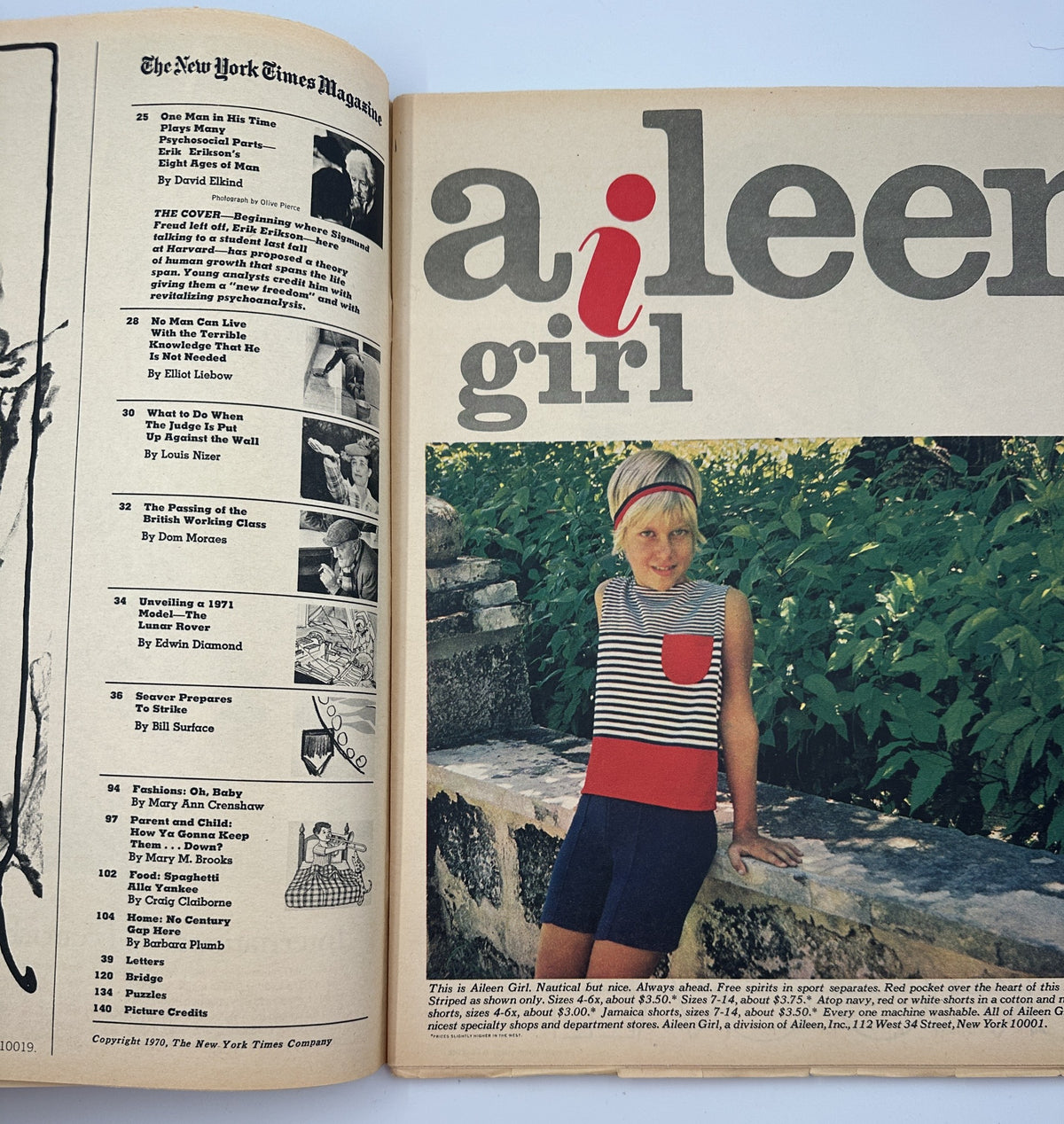 Inside spread of The New York Times Magazine including a page with the contents list showing various article titles, including 'One Man in His Time: Plays Many Psychosocial Parts' by David Elkind, and a feature on a girl in a striped outfit titled 'aileen girl'. The layout demonstrates the magazine's diverse topics.