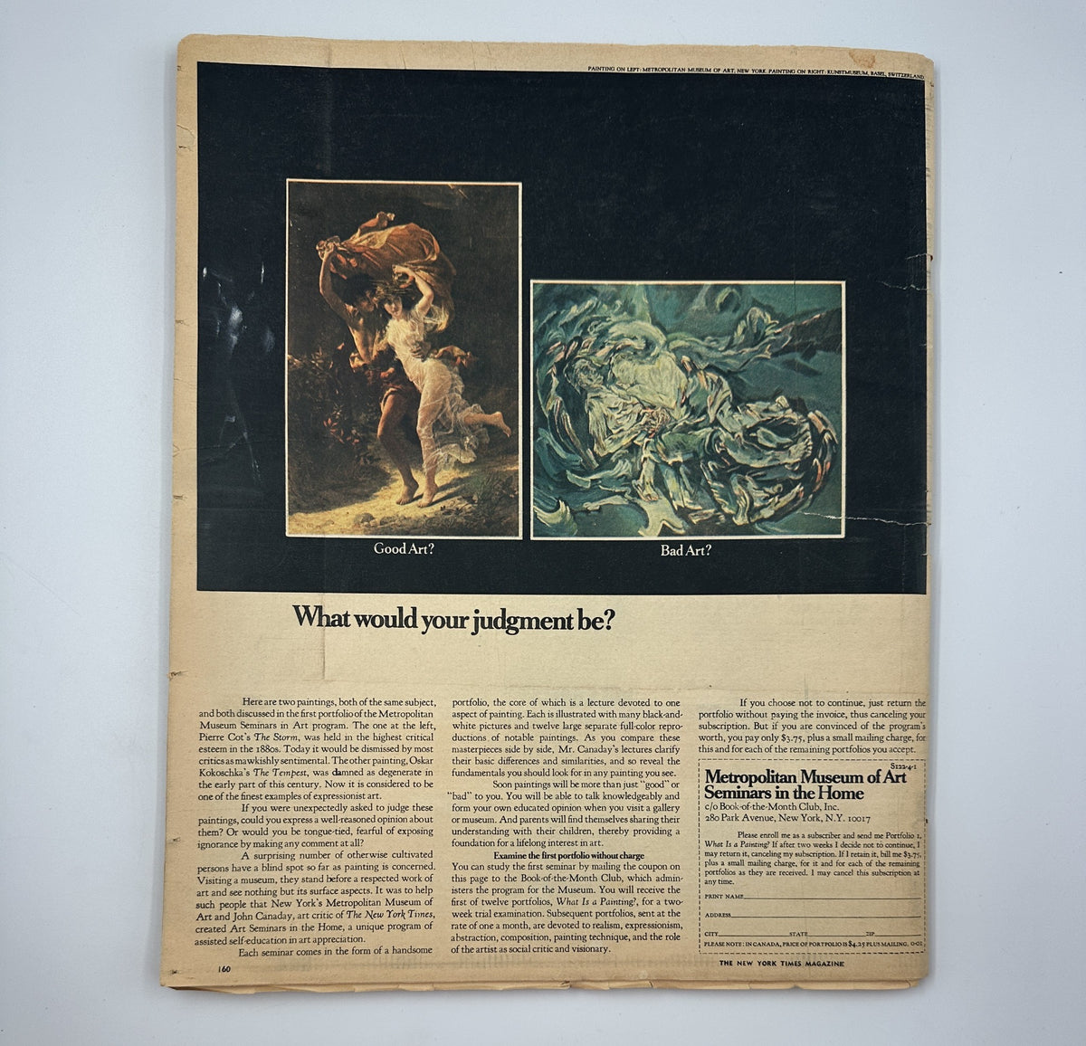 Back cover of The New York Times Magazine displaying an advertisement discussing the concepts of 'Good Art' and 'Bad Art', along with a promotional message about seminars at the Metropolitan Museum of Art.