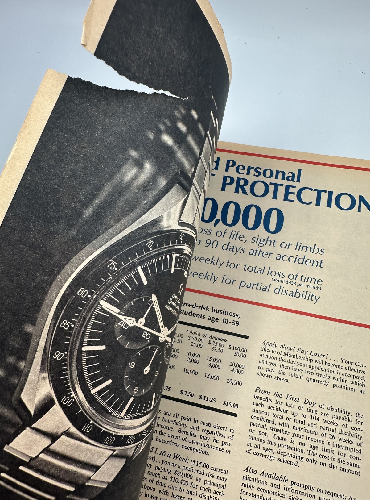 Interior page of The New York Times Magazine from September 22, 1968, showcasing a detailed advertisement for personal insurance with a close-up of a wristwatch.