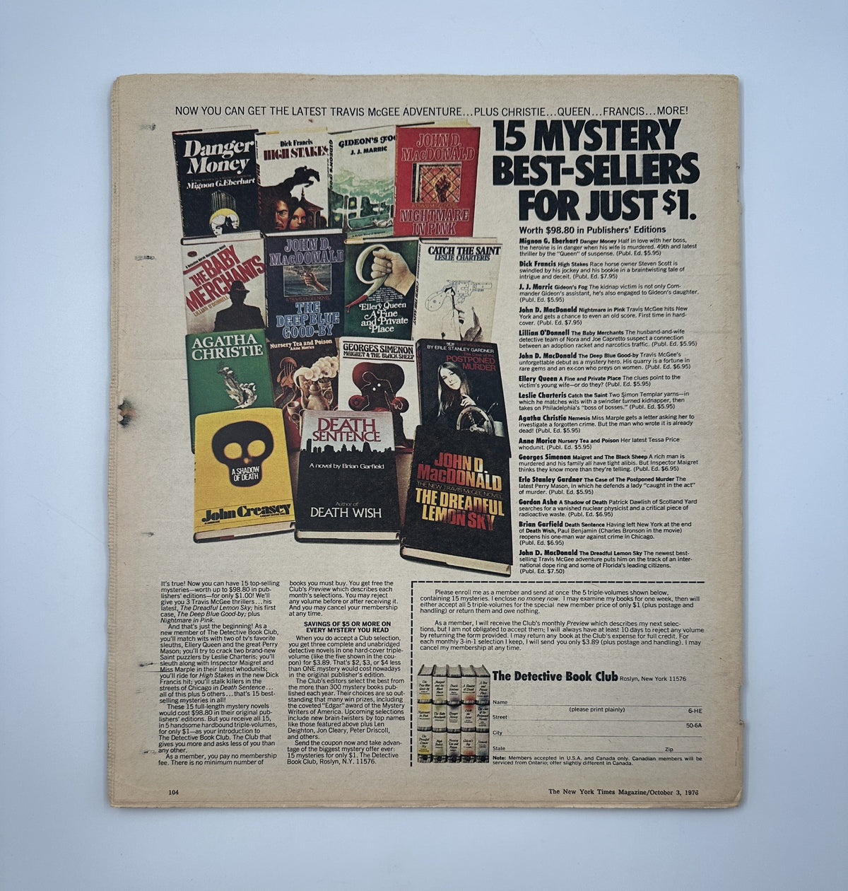 Back cover of The New York Times Magazine from October 3, 1976 promoting best-selling mystery books for just $1, highlighting various titles and authors as part of the magazine's featured publications.