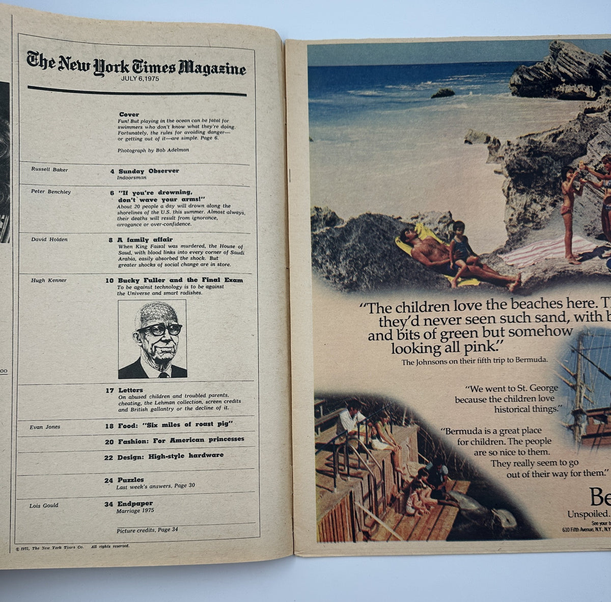 The New York Times Magazine July 6, 1975 Drowning Safety Beach Cover featuring a detailed Table of Contents highlighting articles on drowning safety, indoor leisure, family dynamics, and more, surrounded by visuals from the magazine.