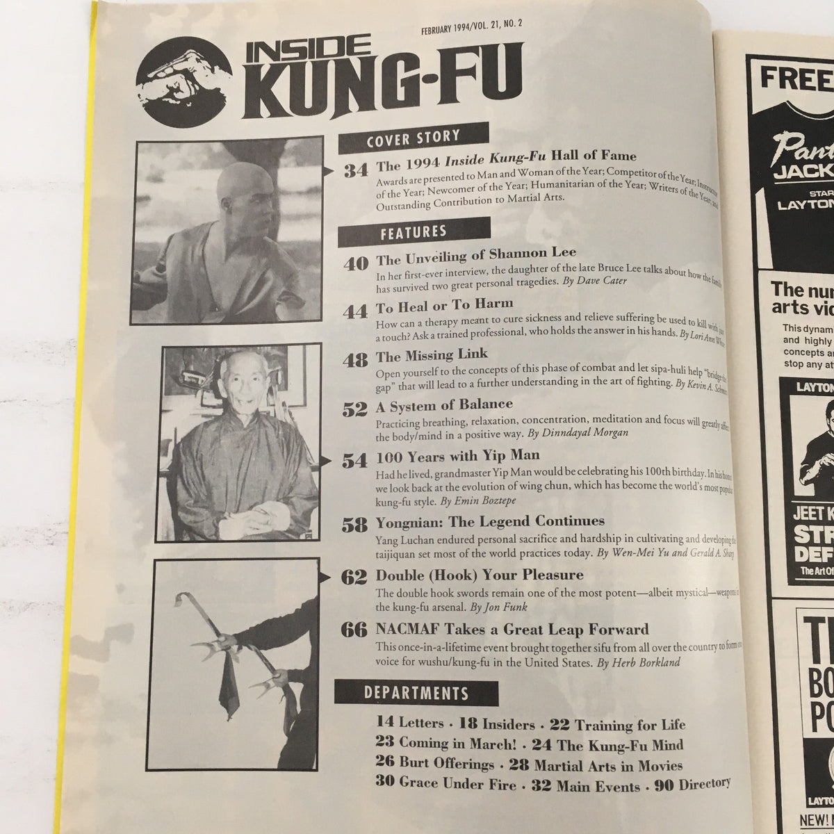 Inside page of Inside Kung Fu Magazine February 1994, showcasing the table of contents with featured articles including 'The Unveiling of Shannon Lee' and '100 Years with Yip Man'.