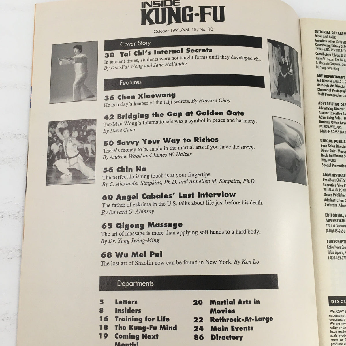 Interior page of Inside Kung Fu Magazine October 1991 Vol 18 #10 detailing features such as Tai Chi's internal secrets, Angel Cabales' last interview, and martial arts topics relevant to collectors.