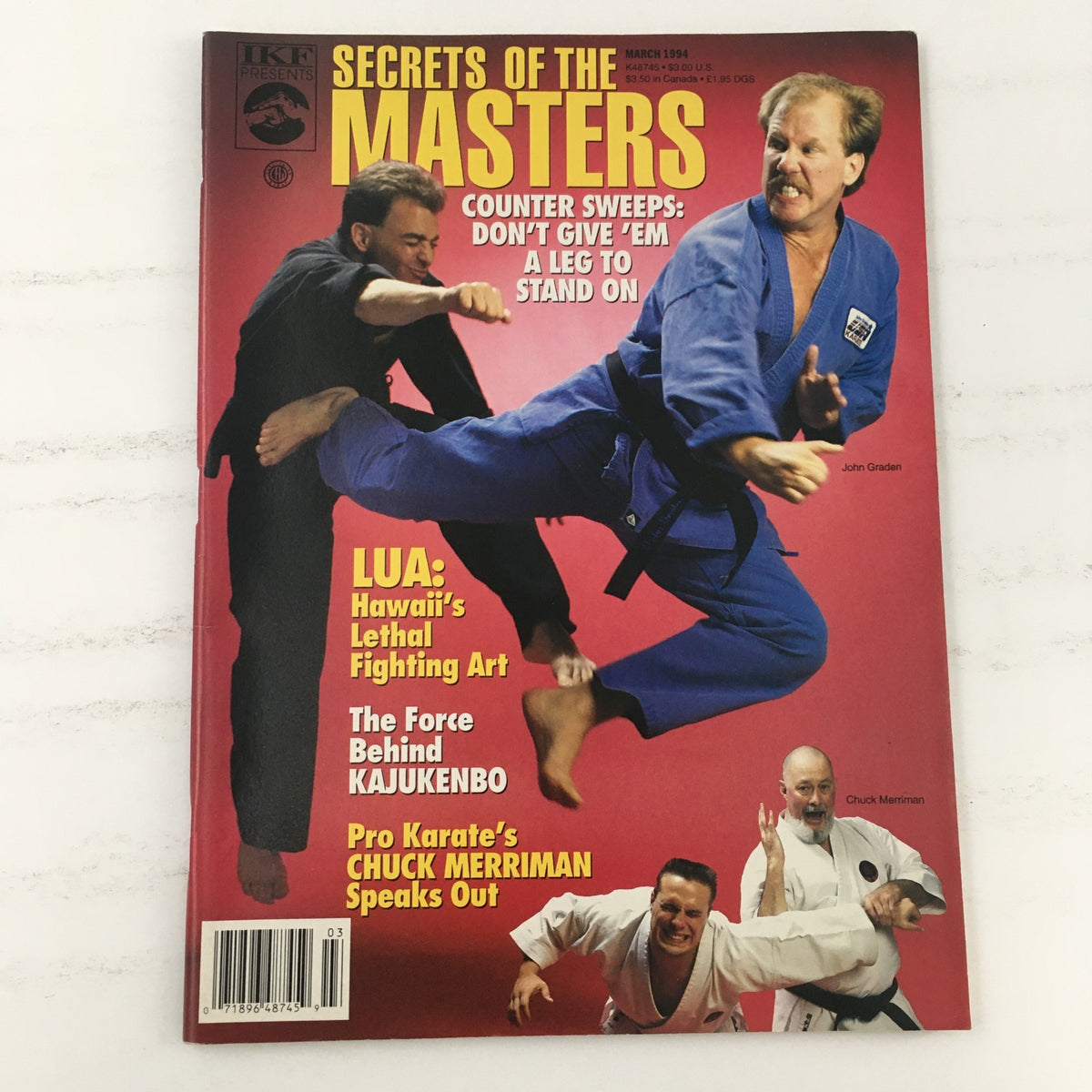 Cover of Secrets of the Masters Magazine March 1994 featuring martial artists John Graden and Chuck Merriman, highlighting counter sweeps techniques.