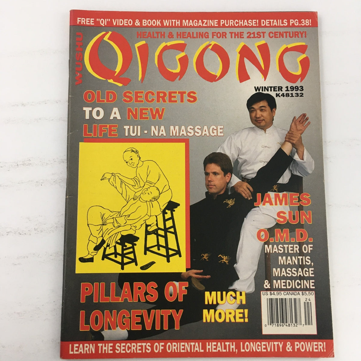 Cover of Wushu Qigong Magazine Winter 1993 featuring James Sun, O.M.D., performing Tui-Na massage, highlighting ancient secrets and wellness practices.