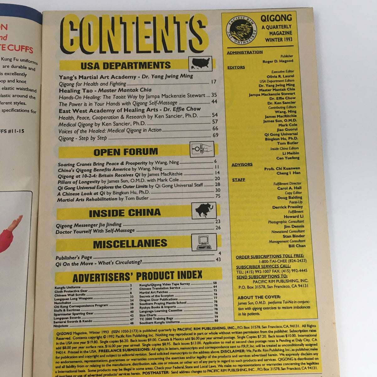 Contents page of Wushu Qigong Magazine Winter 1993 showcasing various articles and features including Qigong for health and fighting, healing techniques, and Tui-Na performance by James Sun, O.M.D.