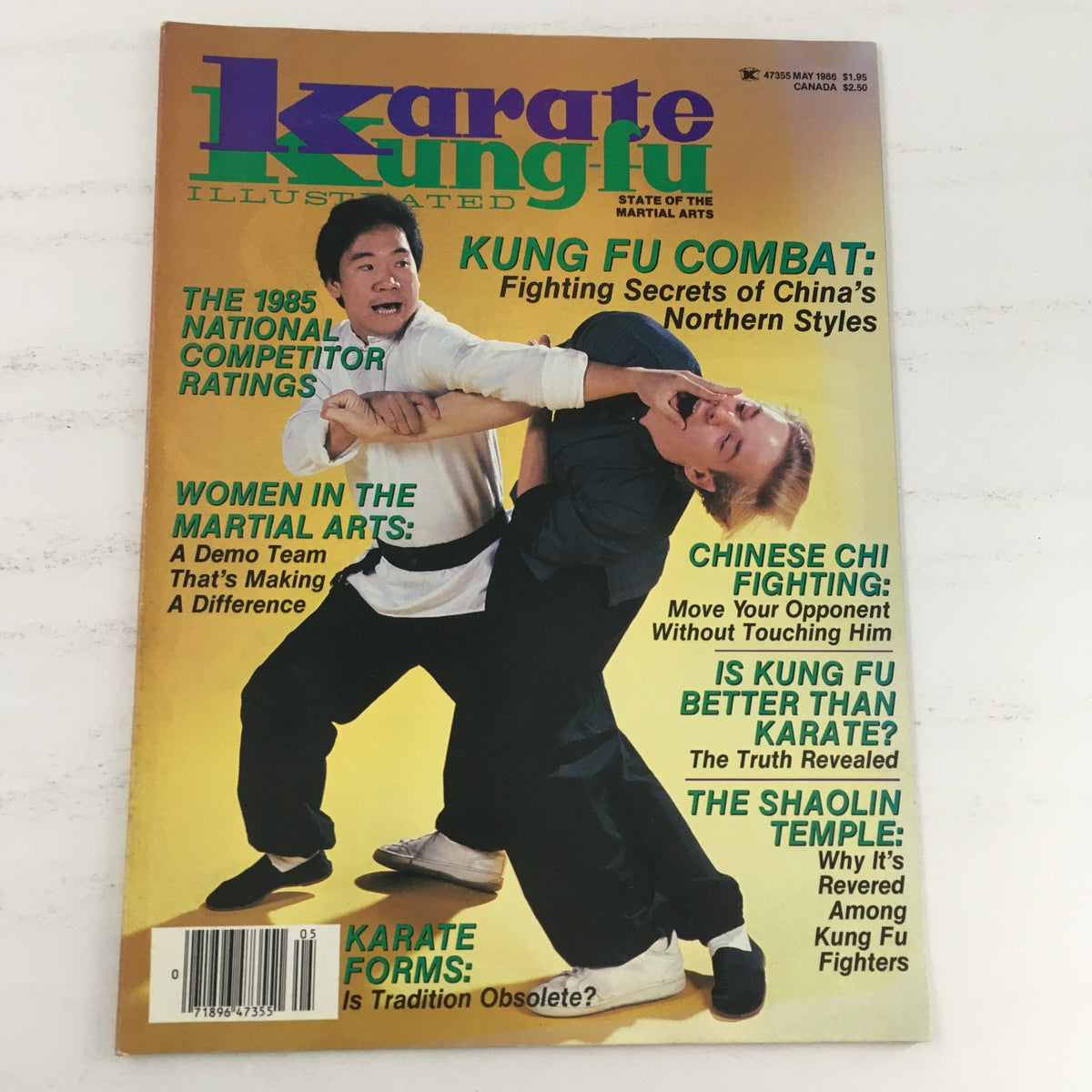 Cover of Karate Kung-Fu Illustrated Magazine May 1986 featuring martial artists demonstrating fighting techniques, highlighting articles on Kung Fu combat, women's participation in martial arts, and insights from practitioner Jason Tsou.