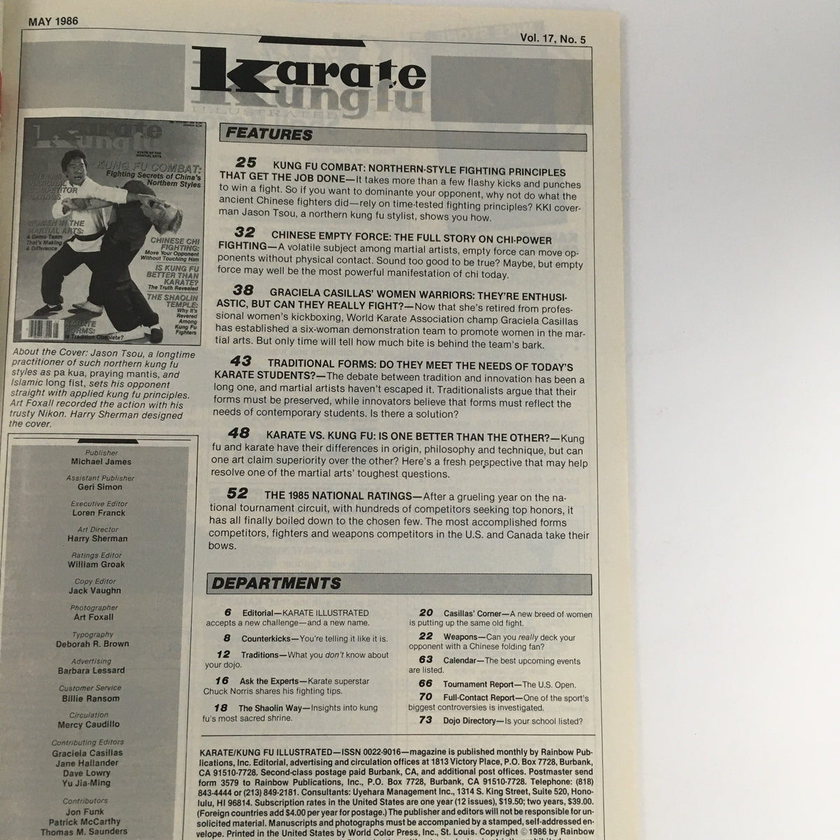 Inside pages of Karate Kung-Fu Illustrated Magazine May 1986 Vol 17 #5 featuring practitioner Jason Tsou, showcasing articles on martial arts techniques and cultural insights.