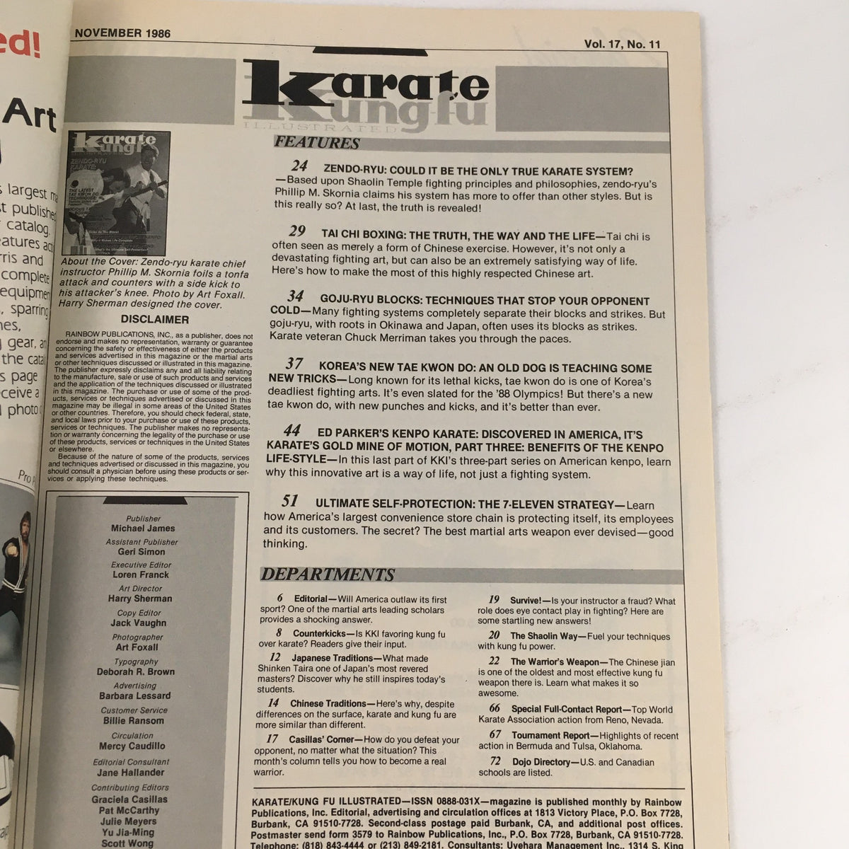 Page from Karate Kung-Fu Illustrated Magazine November 1986 Vol 17 #11 displaying features and contents highlighting various martial arts techniques and philosophies.