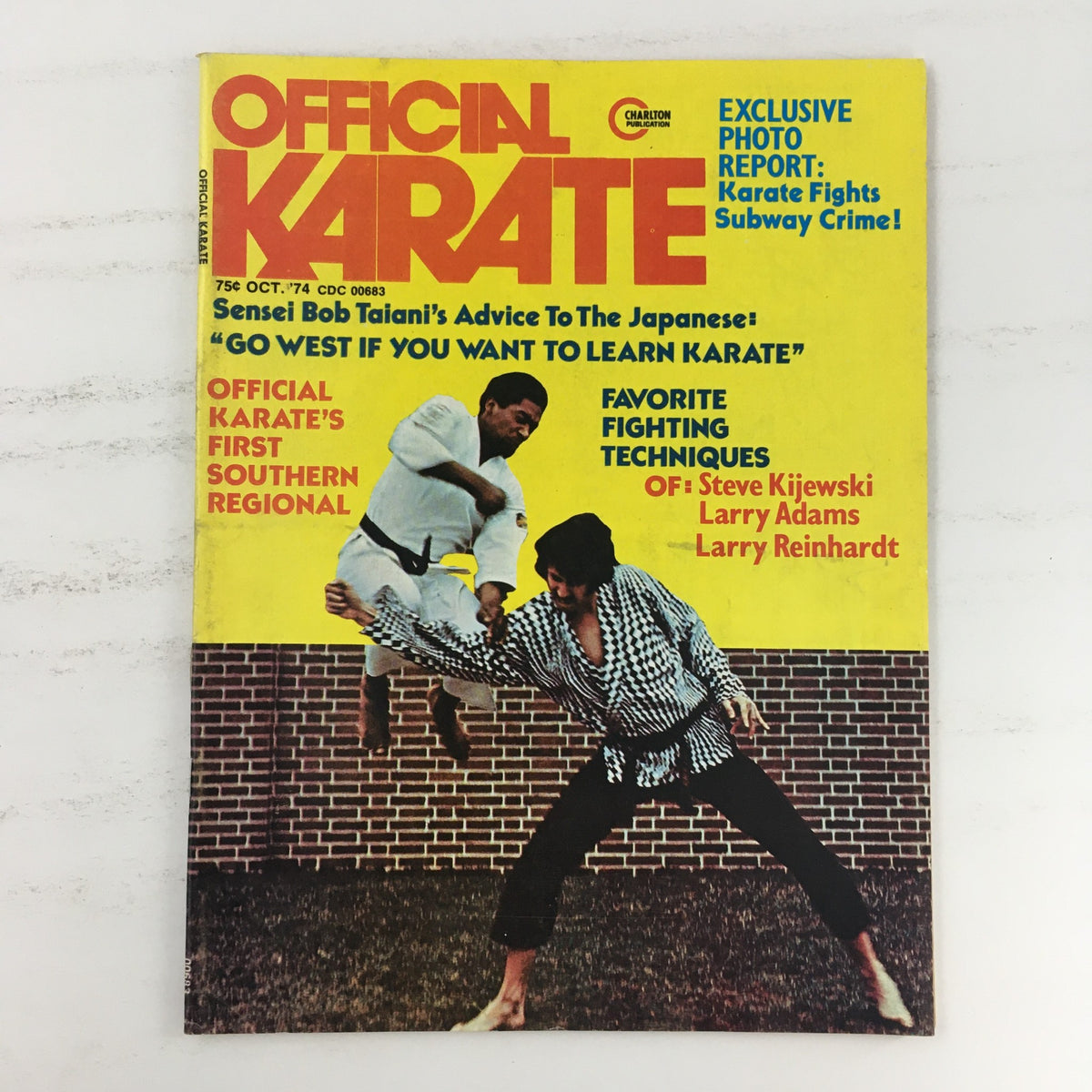 Official Karate Magazine cover from October 1974, featuring Jimmie Jones and Steve Kijewski demonstrating martial arts techniques, showcasing the vibrant design and focus on karate instruction.