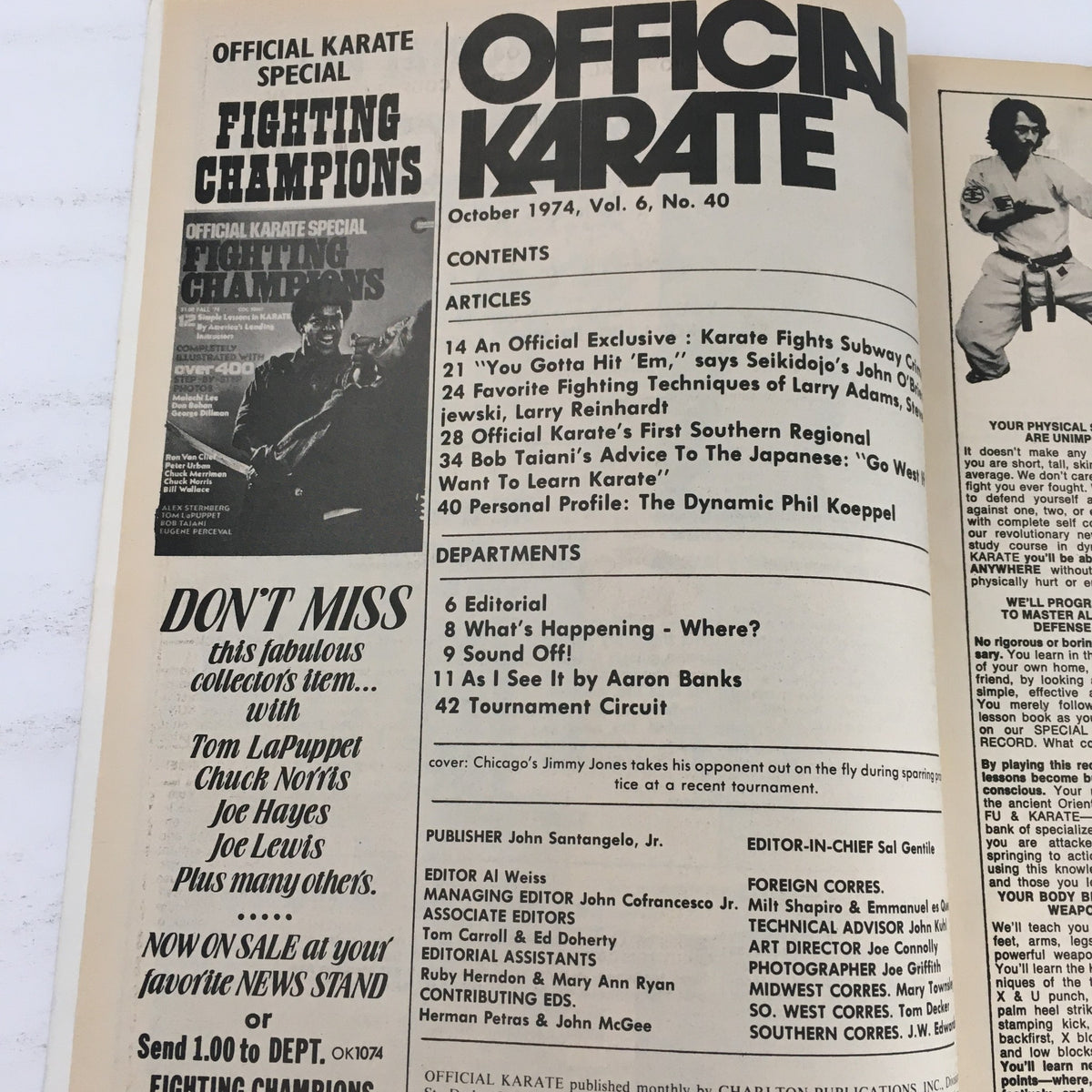 Inside page of Official Karate Magazine from October 1974, Vol 6 No 40, displaying the contents and articles, including features on fighting techniques and karate events.