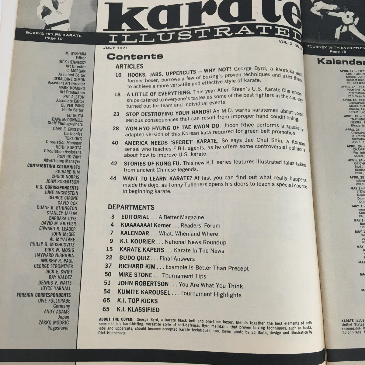 Contents page of Karate Illustrated Magazine July 1971, highlighting articles on karate, boxing, and martial arts training.