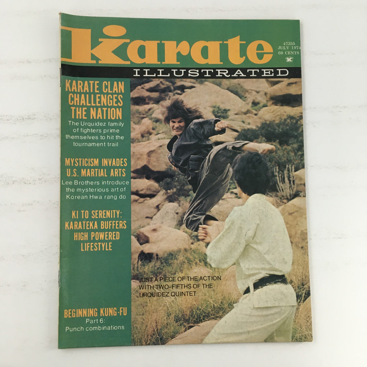 Cover of Karate Illustrated Magazine July 1974 Vol 5 #6 featuring martial artists Benny Urquidez and Smiley Urquidez, showcasing articles on martial arts techniques and training.