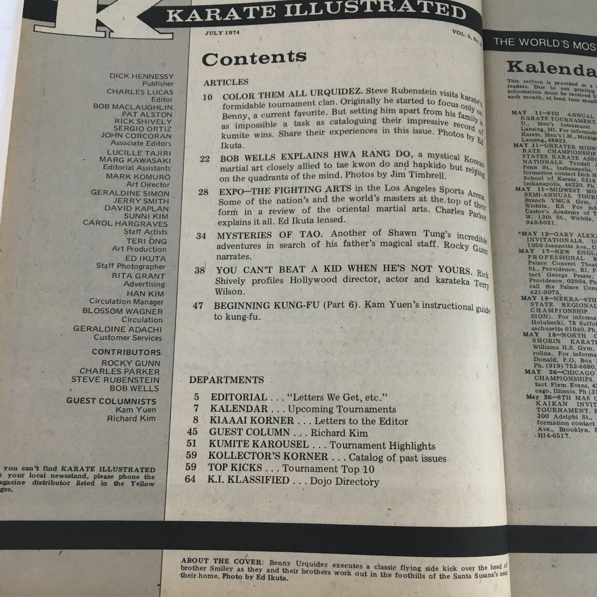 Contents page of Karate Illustrated Magazine July 1974 Vol 5 #6, detailing articles including features on Korean martial arts and profiles of prominent martial artists.