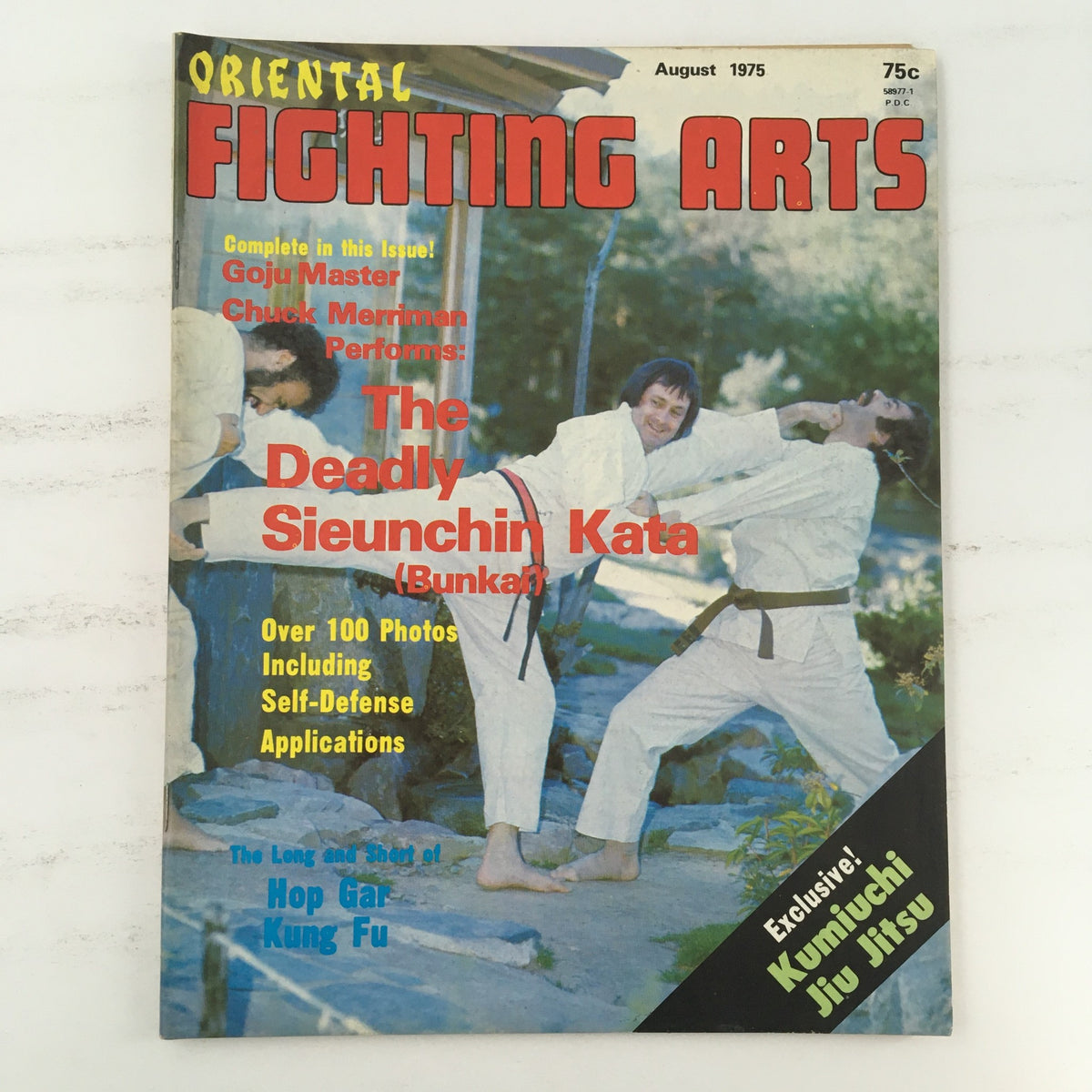Cover of Oriental Fighting Arts Magazine August 1975 featuring Chuck Merriman and George Sewitt with a demonstration of the Deadly Sieunchin Kata, showcasing martial arts photography and vintage aesthetics.